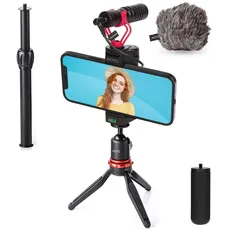 Movo VXR10+ Smartphone Video Rig mit Mini Stativ, Phone Grip und Video Mikrofon Kompatibel mit iPhone 13, 12, 11, 11 Pro, XS, XR, X, 8, 7, und Android - für YouTube, Tik Tok, Filmen, Vlogging