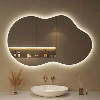 OUMUSU Spiegel mit Beleuchtung Asymmetrischer LED Badspiegel 100 x 60 cm mit Touch-Schalter, Dimmbar 3 Lichtfarbe Einstellbare, Beschlagfrei Badezimmerspiegel mit Beleuchtung, Bruchsicher