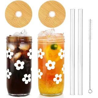 ANOTION Niedliche Glasbecher mit Deckel und Trinkhalmen, Einmachgläser mit Blumen-Design, Bambusdeckel, Eiskaffeebecher, Trinkgläser, Reise-Kaffeebecher, Smoothies