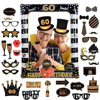 Flintronic 60.Geburtstag Deko Fotorequisiten, Schwarzes Gold Aufblasbarer Rahmen zum 60.Geburtstag und 35 Stück Foto Requisiten, Party Foto Booth Props für Partydeko, Partei Dekorationen