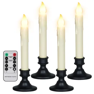 FREEPOWER 4er LED Stabkerzen mit 4 Schwarz Kerzenhalter - Fernbedienung und Timer - Batteriebetrieben - Flackern Warmweiß - Outdoor Wasserdicht - Kunststoff