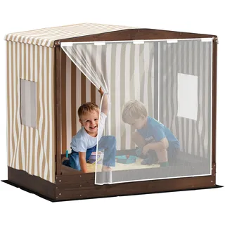 AIYAPLAY Sandkasten mit Vordach Netztür, 142 x 101,5 cm Holz Sandbox mit Sitzbank, Stauraum, Bodenschutz, Sandkiste für 4 Kinder 3-6 Jahre Braun