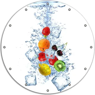 Wallario rundes Outdoor-Poster für Garten oder Balkon, Motiv Obst-Eiswürfel-Mix im Wasser mit weißem Hintergrund, 90 cm Durchmesser - Weiß