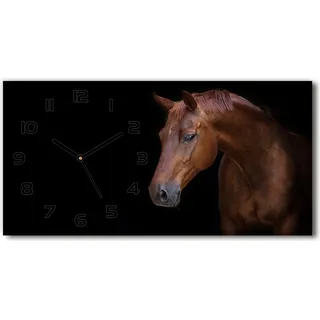 Wanduhr aus Glas – 60x30 cm - Glasbild - Glasuhr - Gehärtetes Glas - schwarze-zeiger - Brown-Pferd