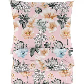 Bettwäsche - 200x200 cm - Bettbezug und Kissenbezügen Set - Rosa Blumen - Mikrofaser Baumwolle - 2 Kissenbezüge 70x80 cm - Rosa, Grün, Orange, Blau