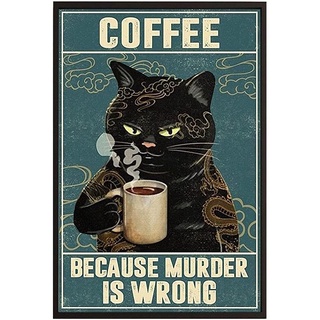 LBS4ALL Wanddekoration, schwarze Katze, Coffee Because Murder is Wrong, Metall-Blechschild, Bar, Kneipe, Männerhöhle, Wanddekoration, 150 mm x 200 mm