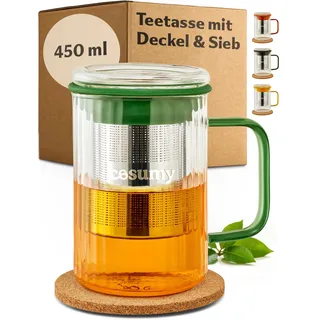 Cosumy Teetasse mit Deckel und Sieb 450ml - Hitzebeständiges Teeglas mit Farbgriffen aus Borosilikat Glas - Mit Korkuntersetzer & Edelstahlfilter (Grün)