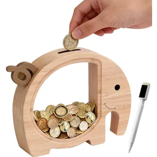 Spardose Kinder, Sparschwein Sparbüchse Spardosen, Personalisierte Spardosen für Kinder, Spardose aus Holz-Münzbank mit Marker und Aufkleber, Gelddose für Jungen, Mädchen, Elefanten