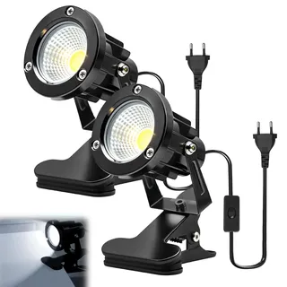 BORDEAG LED Spot Klemmstrahler mit Stecker und Schalter, 2 Stück 10W COB LED Strahler, Schreibtischlampe, Gartenstrahler Pflanzen Spotlight, LED Klemmspot mit 1,8m Kabel für Innen und Außen, Kaltweiß