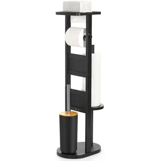 Yorbay Stand WC-Garnitur aus Bambus, mit Toilettenpapierhalter und WC-Bürstenhalter/Smartphone Ablage/Toilettenbürste/Klorollenhalter (Schwarz)