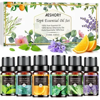 AESHORY Ätherische Öle Set für Diffuser 6 x 10ML, 100% Naturrein Aromatherapie Duftöl, Aroma Öl Geschenkset für Seife, Kerzen, Luftbefeuchter, SPA - Lavendel, Minze, Teebaum, Süßorange, Eukalyptus