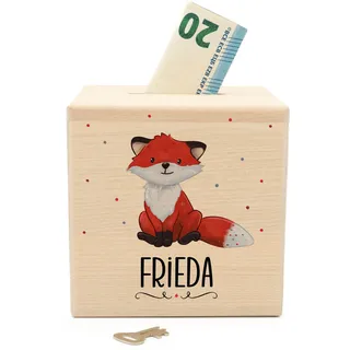 Muckelmeister Spardose Kinder Personalisiert mit Namen aus Holz - Fuchs | 10x10x10cm, Spardose mit Schloss und Schlüssel, Nikolaus Geschenke Kinder Weihnachten, originelle Geschenke zur Geburt
