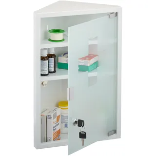 Relaxdays Medizinschrank, 3 Fächer, HxBxT: 45 x 30 x 17,5 cm, abschließbar, Stahl, Glastür, Eck Apothekenschrank, weiß