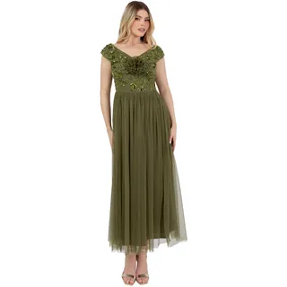 Maya Deluxe Damen Women's Midaxi Ladies Sleeveless Off Shoulder Bardot Sequin Embellished Tulle Rosette Bridesmaid Wedding Guest Dress, Olive, 34 EU