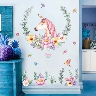 WandSticker4U®- XXL Aquarell Wandsticker EINHORN mit BLUMEN I Wandbilder: 110x110 cm I Wandtattoo Einhorn Mädchen Pferde Poster Unicon rosa I Wand Aufkleber Kinder-zimmer Deko GROß