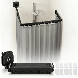 Duschvorhang Ohne Bohren,Duschvorhangstange L/U Form Mit Duschvorhang | Kraftvoller Saugnapf,Faltbare Duschvorhangstange Mit Saugnapf, Für Eckdusche,Shower,Schwarz(5-Fold,190cm)