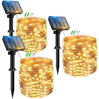 Peasur 3 Stücke Solar Lichterkette Aussen, 3x12M 120 LED Solarlichterkette Außen Wetterfest, 8 Modi IP65 Wasserdicht Kupferdraht Lichterkette Outdoor für Balkon Garten Party Hochzeit Deko, Warmweiß