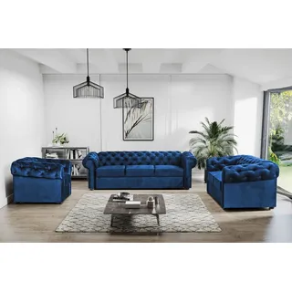 Couchgarnituren im Chesterfield Stil, Set 3+2+1, Relaxsofa mit Steppung, Sofa Sessel mit Holzbeine CHESTER (Marineblau) - Blau