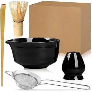 Duscdesp 5 Stück Matcha Set, Bambus Matcha Besen, Keramik Matcha Schale mit Ausgießer, Matcha Whisk, Schaufel, Sieb, Matcha Tee Set Ohne Pulver, Ceremonial Matcha Starter Set (Schwarz)