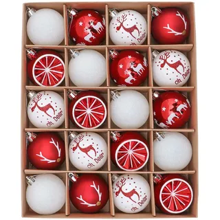 Victor's Workshop Weihnachtskugeln 20 TLG. 6cm Christbaumkugeln Weihnachtsbaumschmuck Bruchsicher Plastik Ornament Weihnachten Deko mit Anhänger für Party Weihnachtsdeko Oh Hirsch Thema Rot Weiss