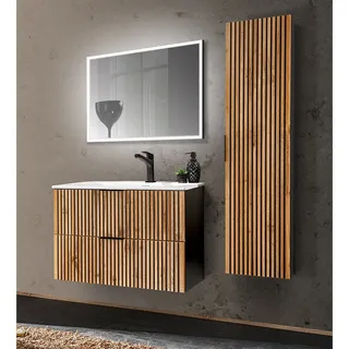 Badezimmer Set mit Waschtisch 81 cm, Hochschrank, LED Spiegel XANTEN-56 in anthrazit mit Eiche Nb. schwarz gerillt, B/H/T: ca. 130/200/46 cm - Braun