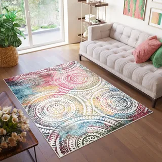 TAPISO Toscana Teppich Bedruckt Mehfarbig Bunt Runde Rosetten 120 x 170 cm | Vintage Waschbar Rutschfest Wohnzimmer Schlafzimmer Büro Modern Design