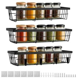 YiyouYi 3er Gewürzregal Wand Ohne Bohren, Gewürz Organizer mit Beweglichen 4 Haken, Gewürzhalter Hängend, Gewürzhalter Schranktür, Metall Spice Rack Wall, Selbstklebend & Schraubmontage - Schwarz