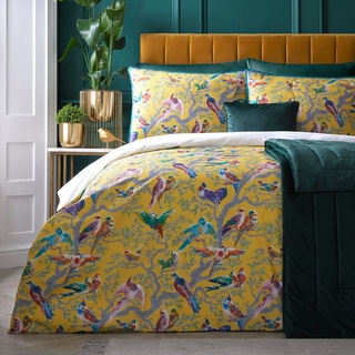 Laurence Llewelyn-Bowen Bettbezug mit gelben Vögeln, Super-King-Size-Bett (260 x 220 cm), weicher 100% Baumwollsatin, 2 Kissenbezüge, Fadenzahl 200, Luxus-Bettwäsche, Vogel-Bettbezug in Gelb