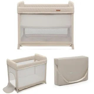 Kinderkraft Moon Dream Reisebett von der Geburt bis 3 Jahre, Zweistöckiges Babybett, mit einem Handgriff zusammenklappen, Matratze Tragetasche inklusive, Schnelle Reinigung, Beige