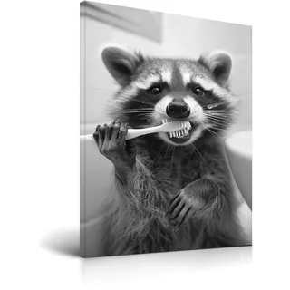 HesenDot Waschbär Pinsel Zähne Badezimmer Wandbild, 30x40cm | Lustiges Tierkunst Leinwandbild, Schwarz-Weiß Humorvolle Tier Wanddeko für Bad Toilette Kinderzimmer Gäste-WC