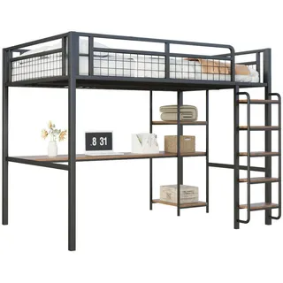 Okwish Hochbett 140/200 cm schwarz aus Metall mit Tisch und Regal , Schwarz , 140x200 cm , Babymöbel & Kindermöbel, Kinderzimmer & Jugendzimmer, Kinderbetten, Hochbetten