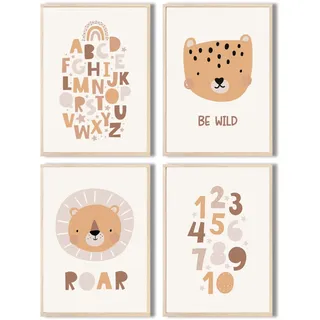 MeinBaby123® Poster Kinderzimmer | 4er Set DIN A4 | Wandbilder | Deko Bilder | Zahlen, ABC | Babyzimmer Deko | Wandposter Premium (Süße Tiere V4)