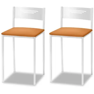 ASTIMESA - Gepolsterter Küchenhocker mit Rückenlehne - Solide und Feste Struktur - Gestell in Weiß und Sitzfläche aus Kunstleder - Sitzfarbe: Orange Inhalt: 2 Stück, Maße: 35 x 35 x 64 cm