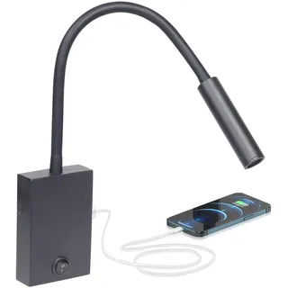 LED Leselampe Wandleuchte,Wandleselampe mit 2.1A USB Ladeanschluss,Flexibler Schwanenhals 360° Drehbar,3W LED Leselicht Wand für Schlafzimmer 3000K Leselicht Wand für Schlafzimmer Wandmontage (Black)