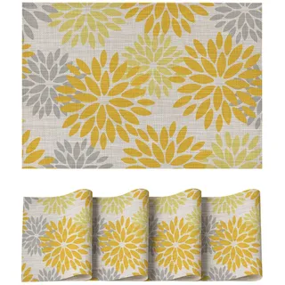 Artoid Mode Blumen Gelb Dahlien Sommer PVC Platzsets 4er Set, 30x45cm Tischsets Schmutzabweisend Hitzebeständig Platzdeckchen Küche Deko