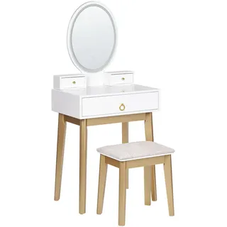 Beliani Schminktisch mit ovalem LED-Spiegel Hocker 3 Schubladen weiß/gold Rosey , Weiß, Goldfarben, Beige , Holzwerkstoff , 58x135x40 cm , Schlafzimmer, Schminktische