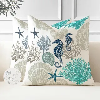 Miuyunya wasserdichte Kissenbezüge Petrol Grün 2er Set Outdoor Ozean Strand Kissen Maritim Seepferdchen Kissenbezug 40x40 Dunkelgrün Kissenhülle Dekorativ für Garten Sofa Wohnzimmer Sommer Frühling