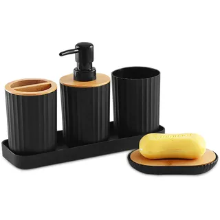 Duscdesp Badezimmer Set 5 Teiliges, Badezimmer Organizer mit Seifenspender, Zahnputzbecher, Seifenschale, Zahnbürstenhalter, Schminktablett Set, Bad Zubehör aus Kunststoff und Bambus Bad Deko Schwarz