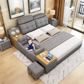 Multifunktion Bett Moderne Hotel Bett Sound 180x200 Bluetooth JVmoebel - Grau