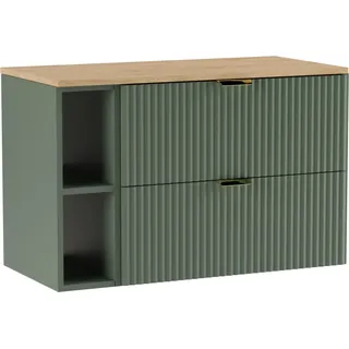 WENA Waschtischunterschrank 100 cm, geriffelte Fronten, Griffe aus Metall in der Farbe Gold (Farbe: Salbei, Eiche Holzplatte) - Grün