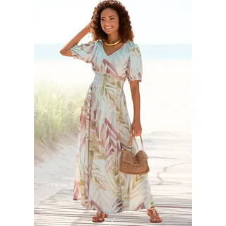 Maxikleid LASCANA "mit Alloverdruck und V-Ausschnitt aus Webware", Damen, Gr. 38, N-Gr, orange (sand, orange bedruckt), Web, Obermaterial: 100% Viskose, bedruckt, figurumspielend knöchellang, tiefer V-Ausschnitt, elastischer Bund mit innenliegendem Gummizug, Kleider Maxikleid, Sommerkleid mit Puffärmeln, Elegantes Webkleid, Strandkleid, Topseller