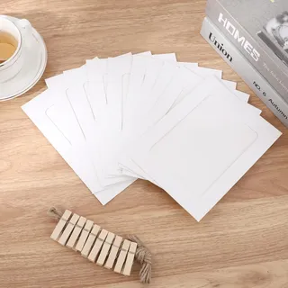Jeqqinuz 30 Stück Fotogirlande Fotovorhang, 10x15 cm, DIY Kraftpapier Ramen Fotowand Fotobox Accessoires Fotohalter mit Klammern, 30 Kleine Holzklammern und 3 Stücke 78.7 Zoll Hanf Fotoleine(Weiß)