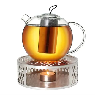 Creano Teekanne aus Glas 1,0l Jumbo + EIN Stövchen aus Edelstahl, 3-teilige Glasteekanne mit integriertem Edelstahl Sieb und Glasdeckel, ideal zur Zubereitung von losen Tees, tropffrei