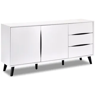 Ibbe Design Matt Weiss Schwarz MDF Retro Skandinavisch Sideboard mit 2 Türen und 3 Schubladen Modern Kommode Lyon, Schwarz Massivholz Beine, 160x40x80 cm