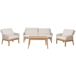 Mendler Gartengarnitur HWC-H56b, Lounge-Set Gartenlounge Sofa Sessel Tisch, Seilgeflecht Rope Holz Akazie ~ creme