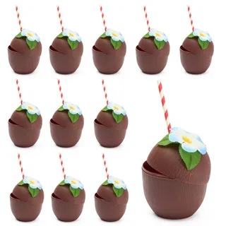 THE TWIDDLERS 12 Mehrweg Kokosnuss Becher 470 ml mit Blumen & Papierstrohhalmen – Tiki Cocktail Becher aus Kunststoff für Hawaii Party Deko, Poolparty, Strandparty, Luau, Sommerfest & Geburtstag