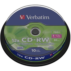 Verbatim CD-RW 700 MB, 10er Pack Spindel, CD Rohlinge beschreibbar, 12-fache Brenngeschwindigkeit mit langer Lebensdauer, leere CDs, Audio CD Rohling rewritable, CD leer