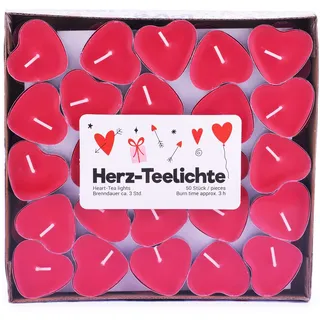 pajoma® Teelichte "Love" im 50er Pack, Brenndauer 3 Stunden, in Herzform (Rot)