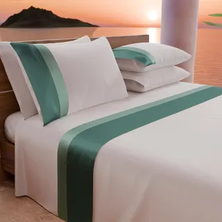 PETTI Artigiani Italiani - Bettwäsche-Set für Doppelbett mit doppeltem Volant aus Satin, 4-teilig, 180 x 200 cm, Bettlaken aus Baumwollperkal - Spannbettlaken, Bettlaken und 2 Kissenbezüge, Petrol