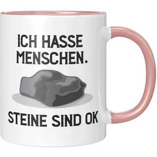 LIEBTASTISCH - Tasse mit Spruch Ich hasse Menschen Steine sind ok - Lustiges Geschenk fuer Maenner Frauen - Kaffeetasse Sprueche - Geschenkidee - Rosa